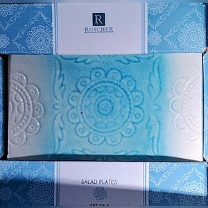 Roscher Turquoise/Teal Crackle Finish Flower Design Salad Plates 4 New In Box